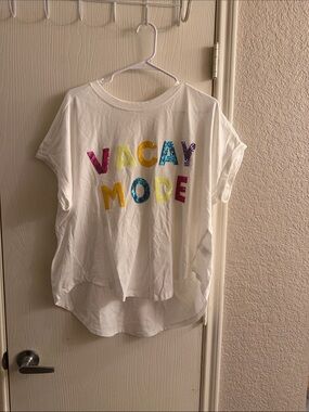 BiBi White Short Sleeve Tee with Multicolor Sequin "VACAY MODE"